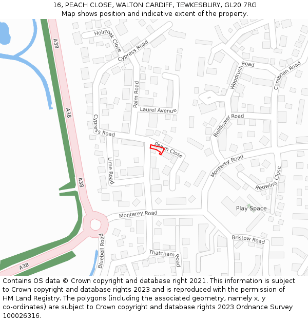 16, PEACH CLOSE, WALTON CARDIFF, TEWKESBURY, GL20 7RG: Location map and indicative extent of plot