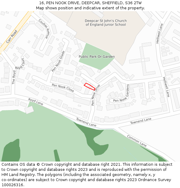 16, PEN NOOK DRIVE, DEEPCAR, SHEFFIELD, S36 2TW: Location map and indicative extent of plot