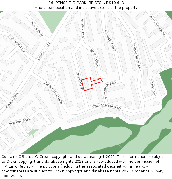 16, PENSFIELD PARK, BRISTOL, BS10 6LD: Location map and indicative extent of plot