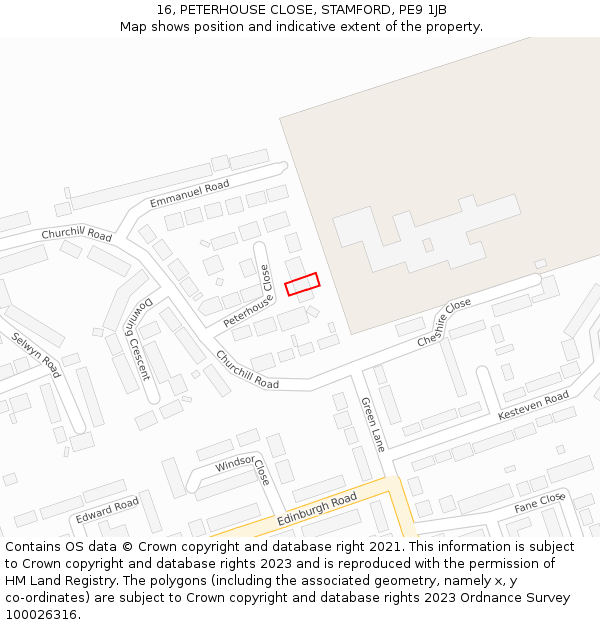 16, PETERHOUSE CLOSE, STAMFORD, PE9 1JB: Location map and indicative extent of plot