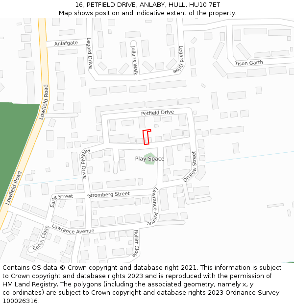 16, PETFIELD DRIVE, ANLABY, HULL, HU10 7ET: Location map and indicative extent of plot