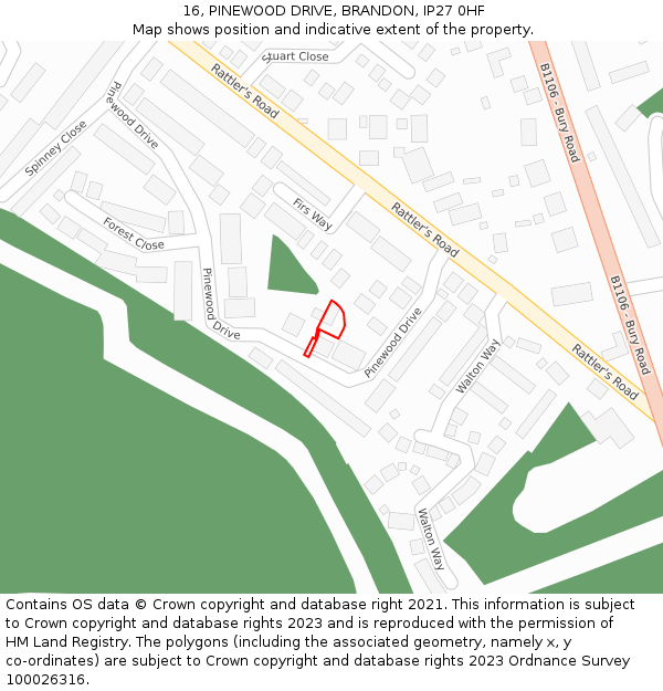 16, PINEWOOD DRIVE, BRANDON, IP27 0HF: Location map and indicative extent of plot