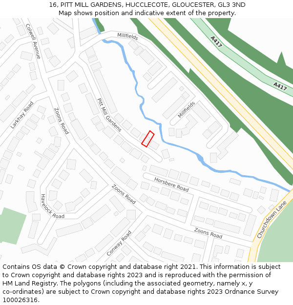 16, PITT MILL GARDENS, HUCCLECOTE, GLOUCESTER, GL3 3ND: Location map and indicative extent of plot