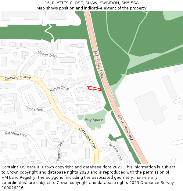 16, PLATTES CLOSE, SHAW, SWINDON, SN5 5SA: Location map and indicative extent of plot