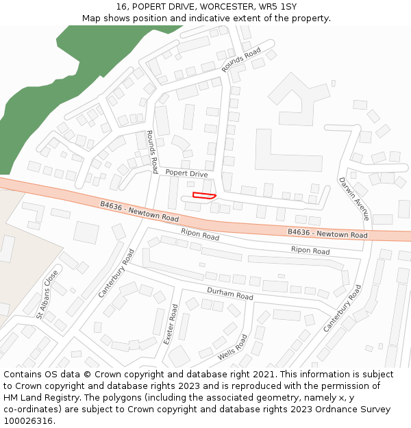 16, POPERT DRIVE, WORCESTER, WR5 1SY: Location map and indicative extent of plot