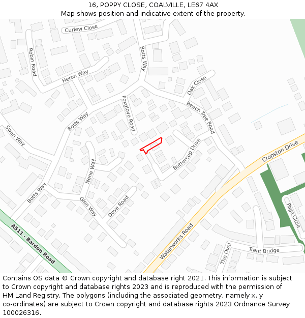 16, POPPY CLOSE, COALVILLE, LE67 4AX: Location map and indicative extent of plot