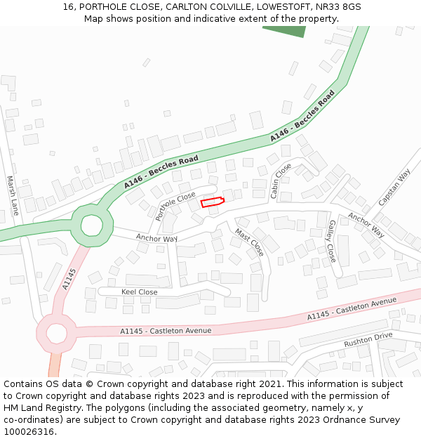 16, PORTHOLE CLOSE, CARLTON COLVILLE, LOWESTOFT, NR33 8GS: Location map and indicative extent of plot