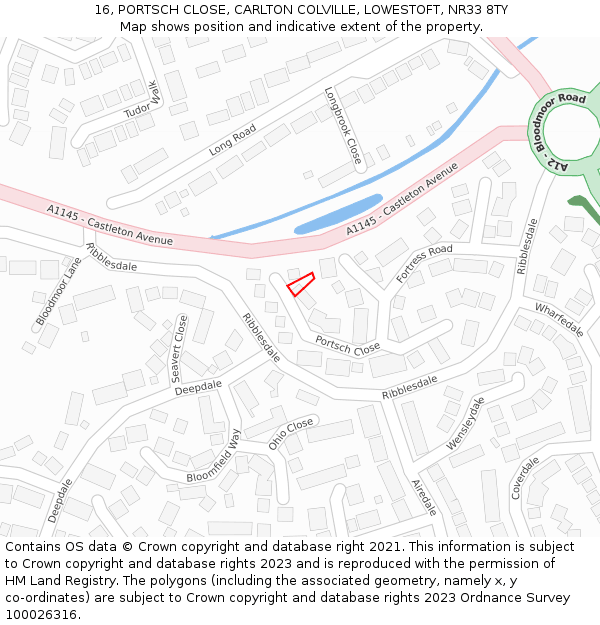 16, PORTSCH CLOSE, CARLTON COLVILLE, LOWESTOFT, NR33 8TY: Location map and indicative extent of plot