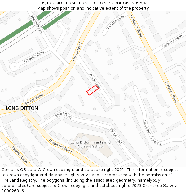 16, POUND CLOSE, LONG DITTON, SURBITON, KT6 5JW: Location map and indicative extent of plot
