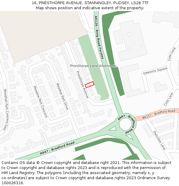 16, PRIESTHORPE AVENUE, STANNINGLEY, PUDSEY, LS28 7TF: Location map and indicative extent of plot