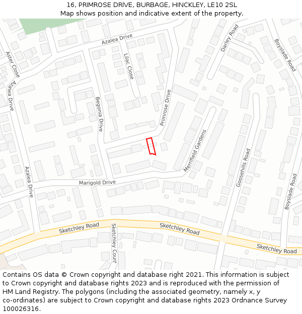 16, PRIMROSE DRIVE, BURBAGE, HINCKLEY, LE10 2SL: Location map and indicative extent of plot