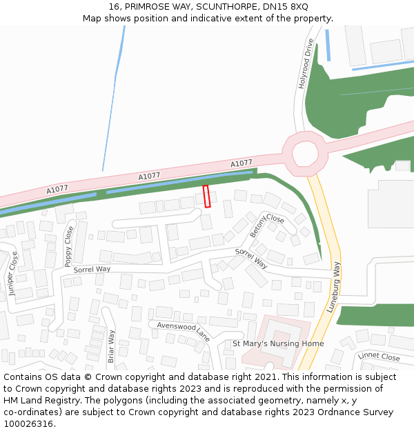 16, PRIMROSE WAY, SCUNTHORPE, DN15 8XQ: Location map and indicative extent of plot