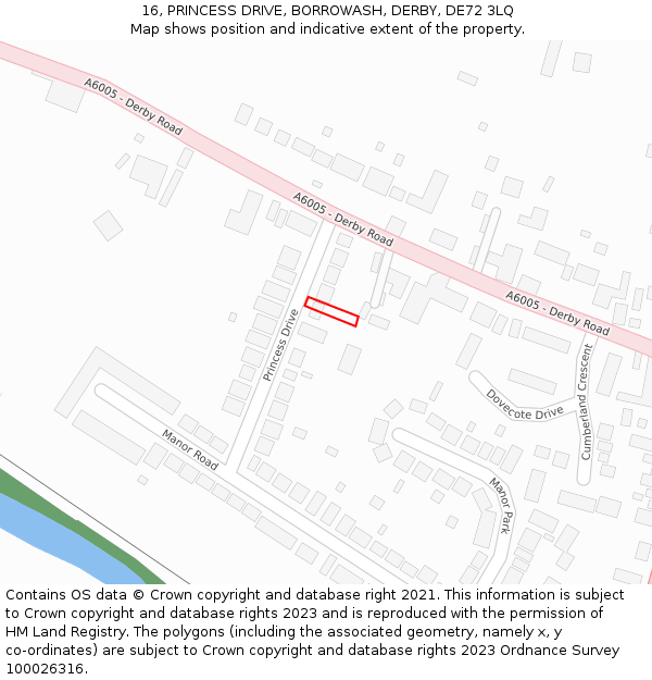 16, PRINCESS DRIVE, BORROWASH, DERBY, DE72 3LQ: Location map and indicative extent of plot
