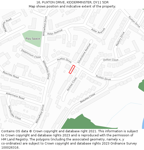 16, PUXTON DRIVE, KIDDERMINSTER, DY11 5DR: Location map and indicative extent of plot