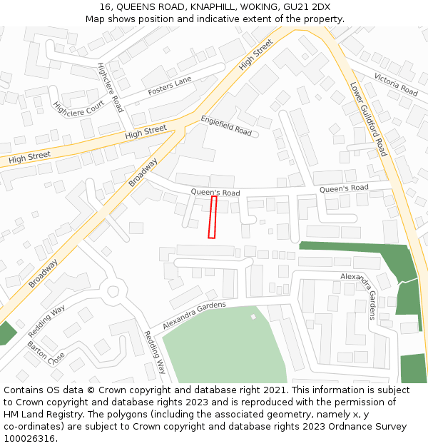 16, QUEENS ROAD, KNAPHILL, WOKING, GU21 2DX: Location map and indicative extent of plot