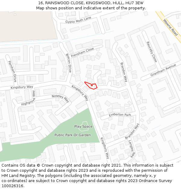 16, RAINSWOOD CLOSE, KINGSWOOD, HULL, HU7 3EW: Location map and indicative extent of plot