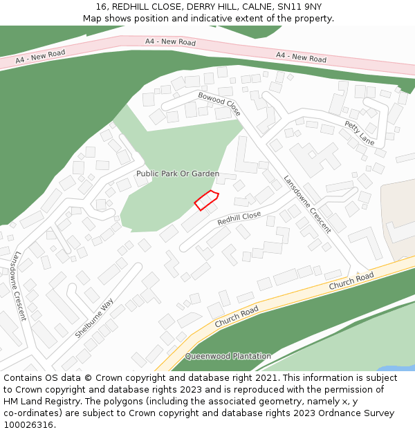 16, REDHILL CLOSE, DERRY HILL, CALNE, SN11 9NY: Location map and indicative extent of plot