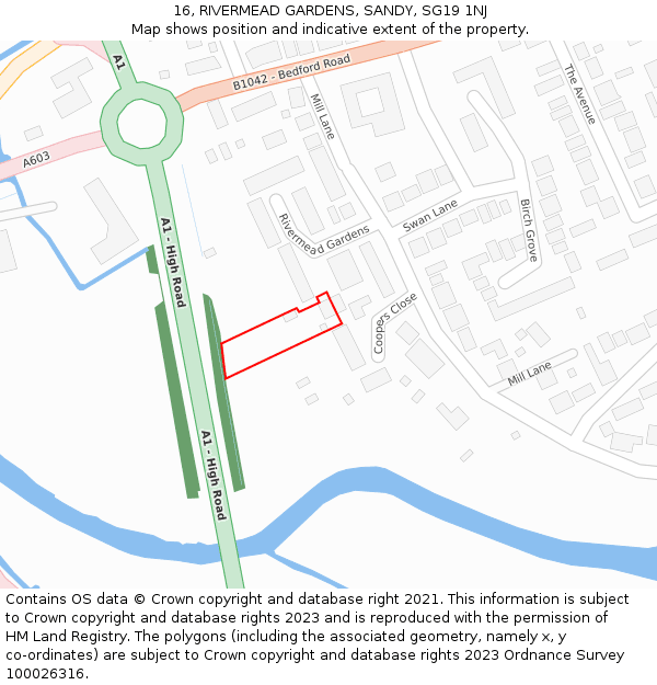 16, RIVERMEAD GARDENS, SANDY, SG19 1NJ: Location map and indicative extent of plot