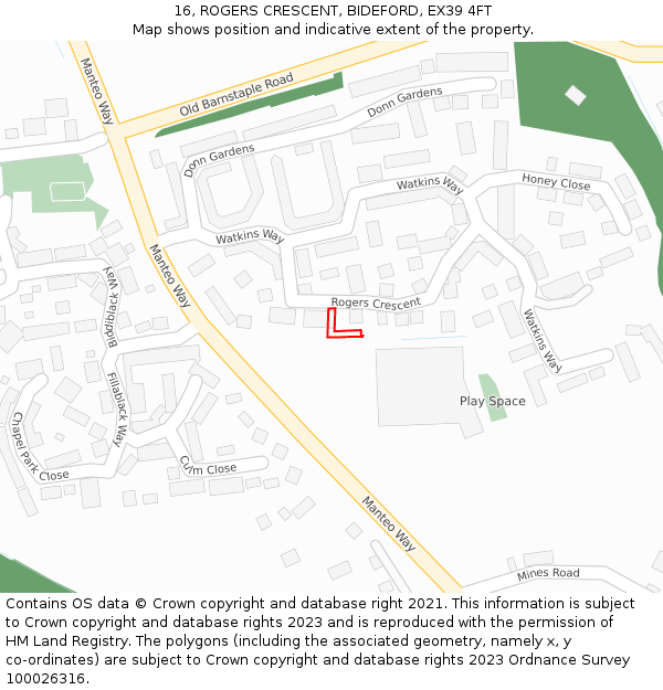 16, ROGERS CRESCENT, BIDEFORD, EX39 4FT: Location map and indicative extent of plot
