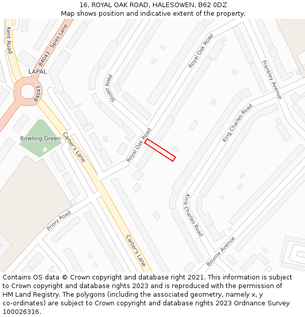 16, ROYAL OAK ROAD, HALESOWEN, B62 0DZ: Location map and indicative extent of plot