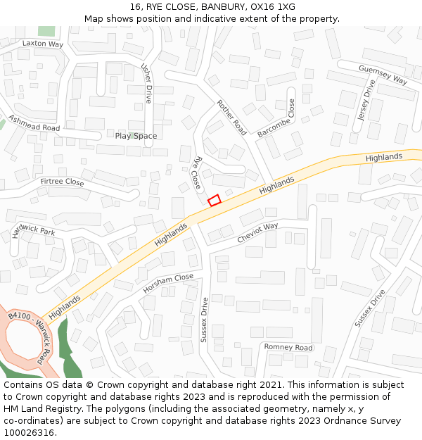 16, RYE CLOSE, BANBURY, OX16 1XG: Location map and indicative extent of plot