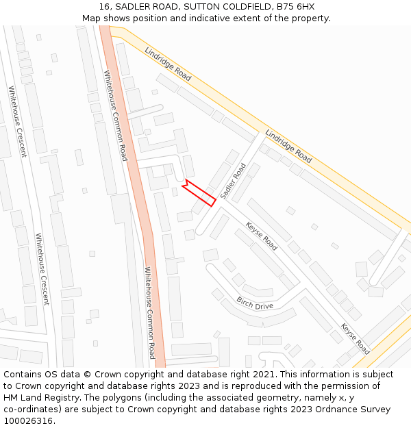 16, SADLER ROAD, SUTTON COLDFIELD, B75 6HX: Location map and indicative extent of plot