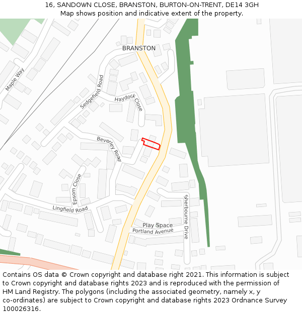 16, SANDOWN CLOSE, BRANSTON, BURTON-ON-TRENT, DE14 3GH: Location map and indicative extent of plot