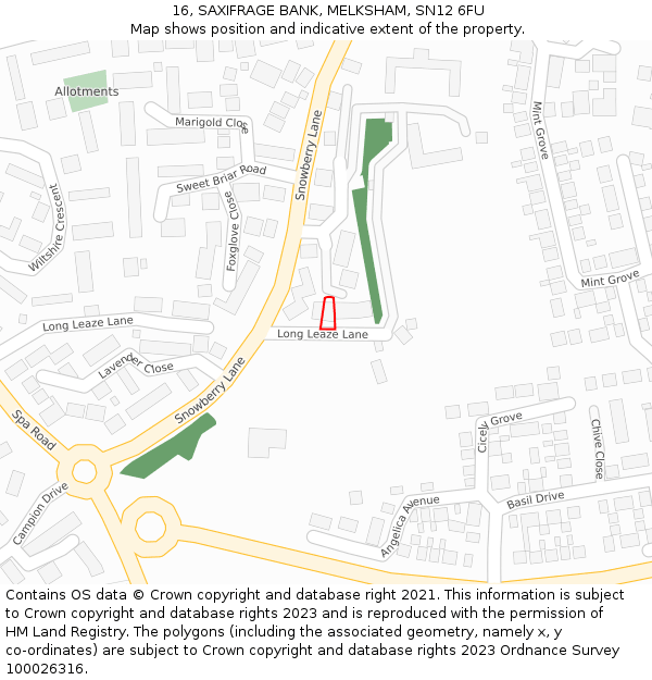 16, SAXIFRAGE BANK, MELKSHAM, SN12 6FU: Location map and indicative extent of plot