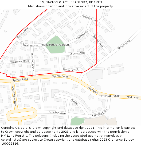 16, SAXTON PLACE, BRADFORD, BD4 0FB: Location map and indicative extent of plot