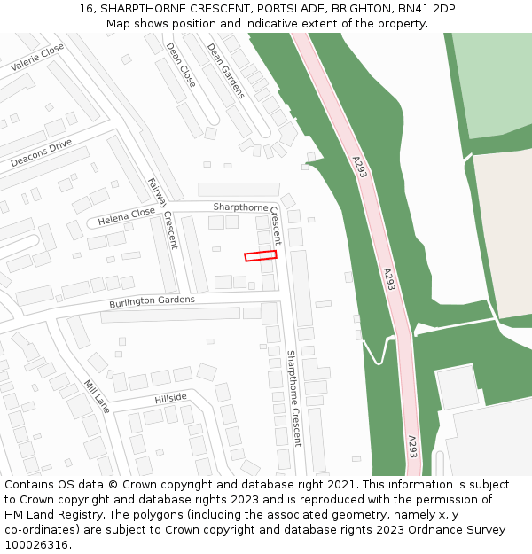 16, SHARPTHORNE CRESCENT, PORTSLADE, BRIGHTON, BN41 2DP: Location map and indicative extent of plot