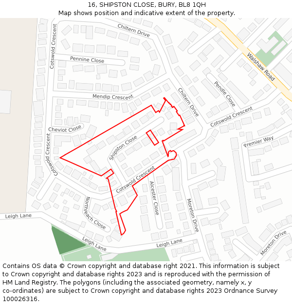 16, SHIPSTON CLOSE, BURY, BL8 1QH: Location map and indicative extent of plot