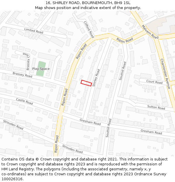 16, SHIRLEY ROAD, BOURNEMOUTH, BH9 1SL: Location map and indicative extent of plot