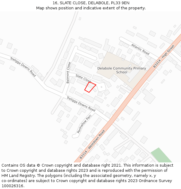 16, SLATE CLOSE, DELABOLE, PL33 9EN: Location map and indicative extent of plot