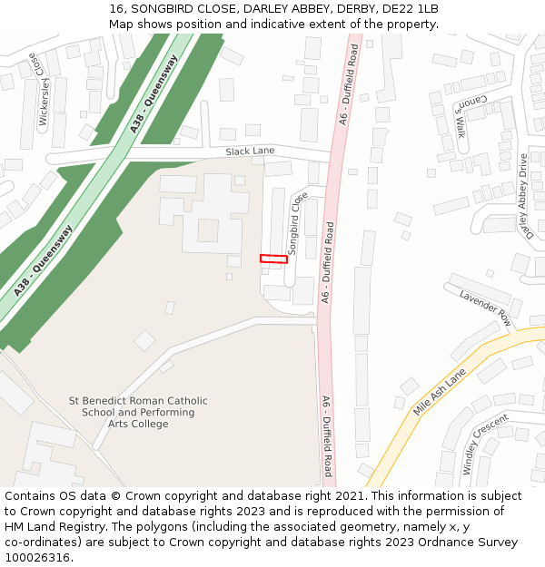 16, SONGBIRD CLOSE, DARLEY ABBEY, DERBY, DE22 1LB: Location map and indicative extent of plot