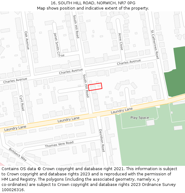 16, SOUTH HILL ROAD, NORWICH, NR7 0PG: Location map and indicative extent of plot