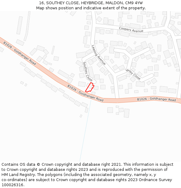 16, SOUTHEY CLOSE, HEYBRIDGE, MALDON, CM9 4YW: Location map and indicative extent of plot