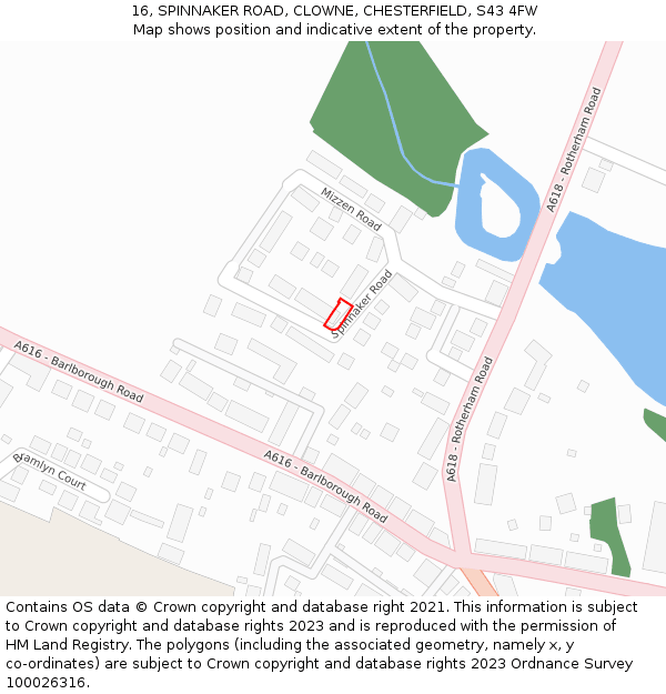 16, SPINNAKER ROAD, CLOWNE, CHESTERFIELD, S43 4FW: Location map and indicative extent of plot