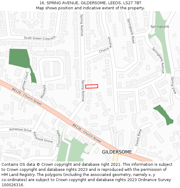 16, SPRING AVENUE, GILDERSOME, LEEDS, LS27 7BT: Location map and indicative extent of plot