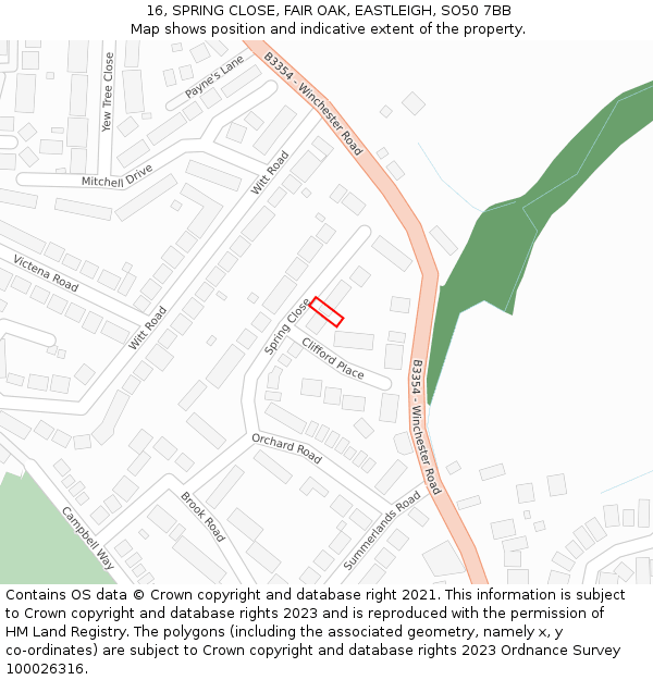 16, SPRING CLOSE, FAIR OAK, EASTLEIGH, SO50 7BB: Location map and indicative extent of plot