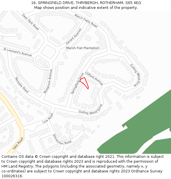 16, SPRINGFIELD DRIVE, THRYBERGH, ROTHERHAM, S65 4EG: Location map and indicative extent of plot