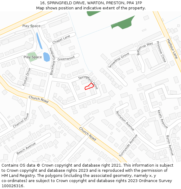 16, SPRINGFIELD DRIVE, WARTON, PRESTON, PR4 1FP: Location map and indicative extent of plot