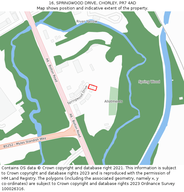 16, SPRINGWOOD DRIVE, CHORLEY, PR7 4AD: Location map and indicative extent of plot