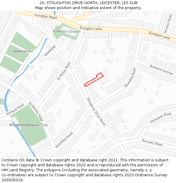 16, STOUGHTON DRIVE NORTH, LEICESTER, LE5 5UB: Location map and indicative extent of plot