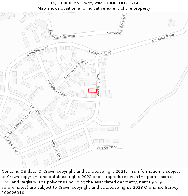16, STRICKLAND WAY, WIMBORNE, BH21 2GF: Location map and indicative extent of plot