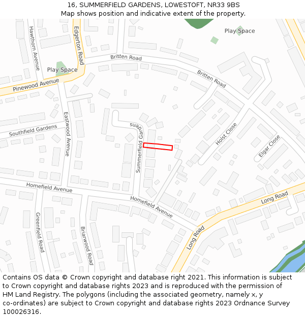 16, SUMMERFIELD GARDENS, LOWESTOFT, NR33 9BS: Location map and indicative extent of plot