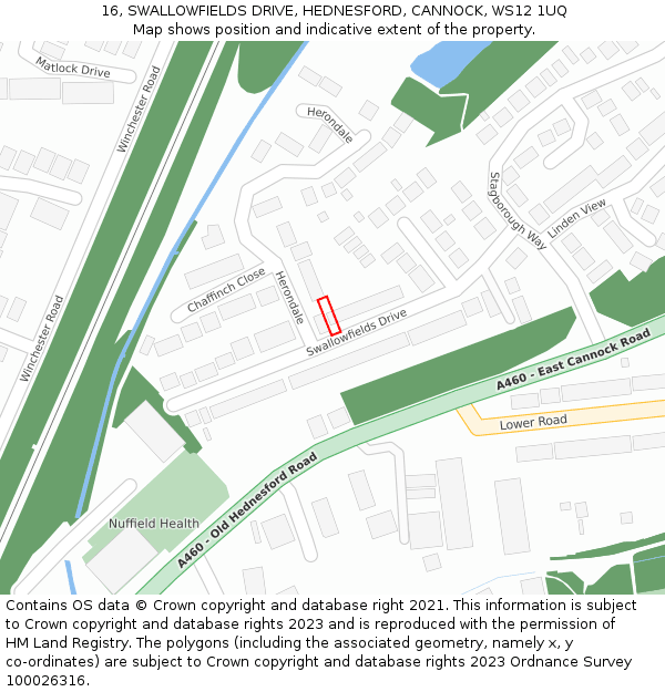 16, SWALLOWFIELDS DRIVE, HEDNESFORD, CANNOCK, WS12 1UQ: Location map and indicative extent of plot