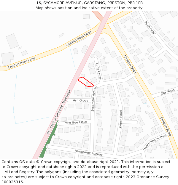 16, SYCAMORE AVENUE, GARSTANG, PRESTON, PR3 1FR: Location map and indicative extent of plot