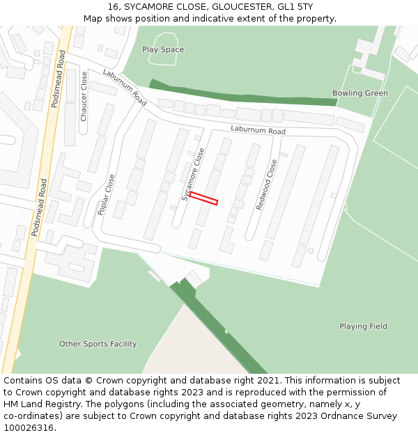 16, SYCAMORE CLOSE, GLOUCESTER, GL1 5TY: Location map and indicative extent of plot