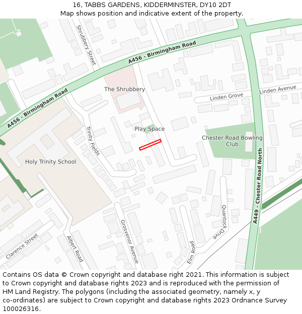 16, TABBS GARDENS, KIDDERMINSTER, DY10 2DT: Location map and indicative extent of plot