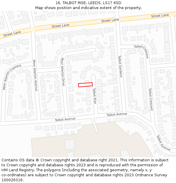 16, TALBOT RISE, LEEDS, LS17 6SD: Location map and indicative extent of plot